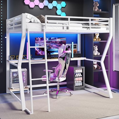 Arhatreya Hochbett 90x200 cm, Kinderbett mit Schreibtisch | Ohne Matratze, Jugendbett mit Computerkonsolenablage, Metallbett mit Steckdose+USB, Einzelbett mit Geländer und Treppe, Weiß
