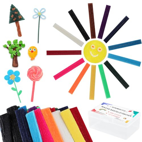 Kinmsito 600 Stück Wachsstäbchen für Kinder, 13 Colors Wachs Bastelstäbchen für Kinder,Wax Craft Sticks mit Aufbewahrungsbox, Klebrige Wachs Garnstäbchen für Handwerk DIY-Kunstzubehör