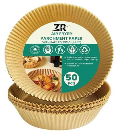 ZR SOLUTIONS Air Fryer Disposable Paper Liner, Non-Stick Disposable Baking Paper for Air Fryer Oil-Proof, Water-Proof, Food Grade Parchment for Baking Roasting Microwave (50)