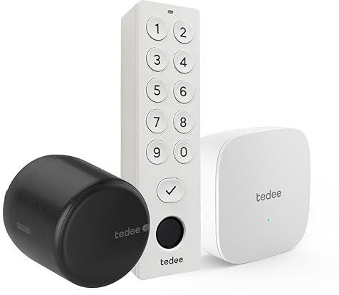 tedee GO 2 Set | smartes Türschloss Schwarz | WLAN-Bridge | biometrisches Tastenfeld Weiß | Smart-Home-Lösung iOS, Android | PIN + Fingerprint | Bluetooth | Auto-Unlock | Keine Installationshardware