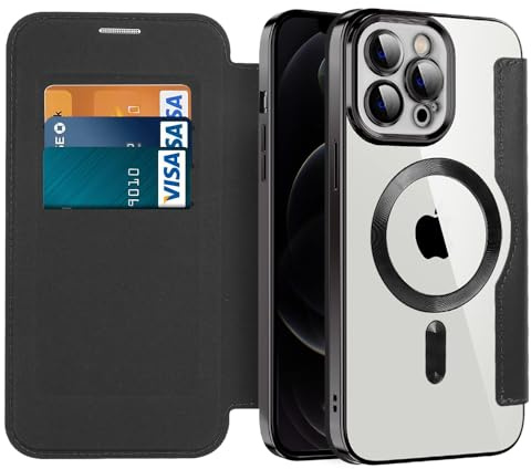 IMIRST Case for iPhone 12 Pro Max Compatible with MagSafe, WD Black | 3 Card Holder,RFID Blocking,Premium Leather Folio Flip Wallet Cover,Magnetic Clear Shockproof TPU,for Women Men