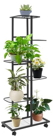 Dokiiovo 6-Tier Pflanzenregal mit Rollen, Pflanzenständer aus Metall mit 6 Ebenen, Mehrstöckiger Blumenständer, Blumenregal für Terrasse, Garten, Balkon, Wohnzimmer, 42x22x112 cm (Schwarz)