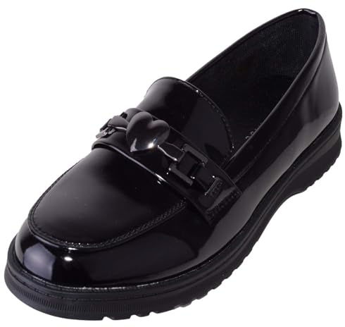 ABSOLUTE FOOTWEAR Children Kids Easy Slip On Faux Patent Leather Smart School Shoes with Decorative Heart