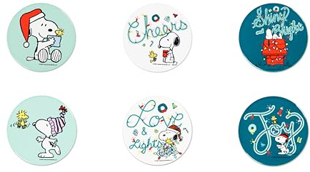 Excelsa Peanuts Shiny & Bright Christmas Coasters, Set of 6, Dolomite Ceramic with Cork Base, 10.5cm, Snoopy Decorations