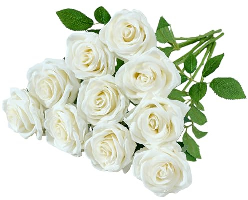 LATRORA 10 Pcs Artificial Roses, White Fake Roses Artificial Flowers, with Stemsroses Fake Artificial Ivory Roses Silk Flowers, for Home Garden Party Hotel Office Decor