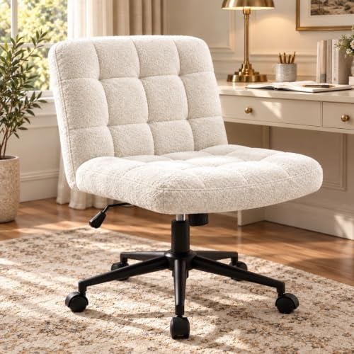 Clevich Bürostuhl Ohne Armlehne, breiter Schneidersitz Schreibtischstuhl, ergonomischer höhenverstellbar, moderner Drehstuhl mit Wippfunktion für Home Office und Schlafzimme (Lammwolle, Blanc)