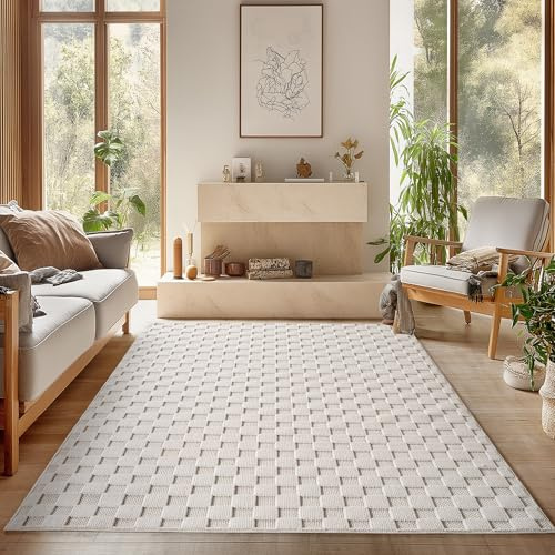SIMPEX Teppich 160x230 cm Creme Karo Design Bouclé Schlingenflor Skandi Stil Modern Superweich Robust Pflegeleicht für Wohnzimmer Sofabereich Esszimmer Schlafzimmer Küche