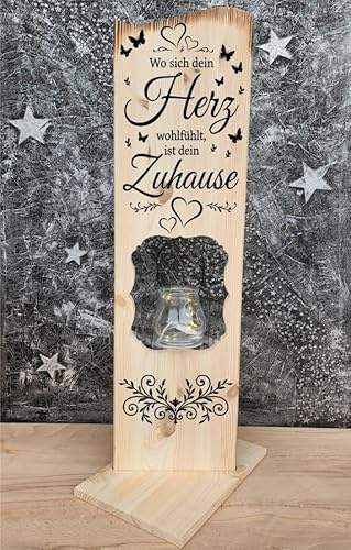 Holzaufsteller „Wo Sich Dein Herz wohlfühlt, ist Dein Zuhause“ – Deko Schild mit Windlicht – Graviertes Holzschild – Geschenk zum Einzug oder für Zuhause – 80×20×2 cm – Handmade