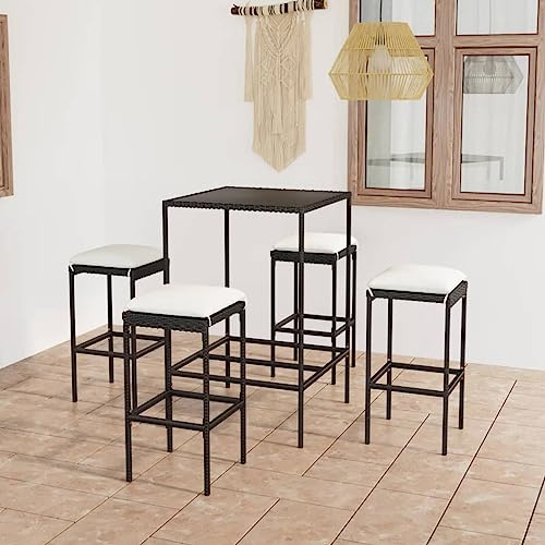 Mandloder 5-TLG. Gartenbar-Set, Schwarz Poly Rattan, Outdoor Möbel mit Kissen, Stehtisch & 4 Barhockern, Gehärtetes Glas, für Terrasse Balkon