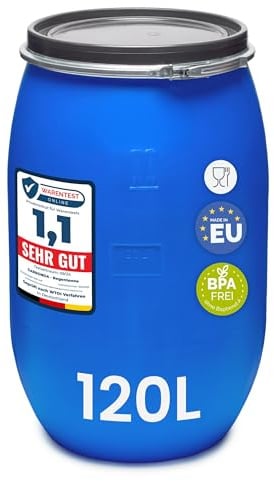 Garronda réservoir d'eau de 120 litres sans poignées, Baril Alimentaire, Large Ouverture HDPE sans BPA, tonneau de Jardin, bac à Aliments pour Animaux, conteneur d'eau, tonneau Universel GD-0078 Bleu