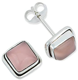 Ohrstecker 925 Sterling Silber mit Rosenquarz - mantraroma - Earrings - Hochzeit - Quadratisch - Pink - Hypoallergen - Edelstein - Hebel Rückseite - 1 Count