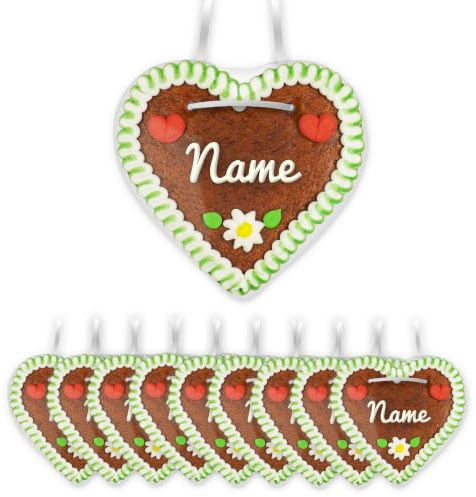 10x Essbare Tischkarten aus Lebkuchen mit Wunschnamen, 12 cm, grün-weiß | LEBKUCHEN WELT Je Set 10 Herzen mit farbigem Rand, ca. 12 cm. Namen online eingeben – essbare Platzkarten für die Tafel.