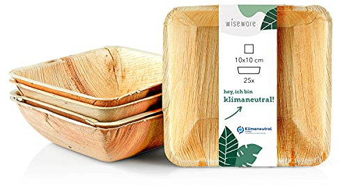 Wiseware Palmblatt Teller tief - 25 Stück tiefe Einwegteller quadratisch tief 100ml - biologisch abbaubare Servierschale - kompostierbares Partygeschirr - Salatschale - Einweggeschirr (10x10cm)