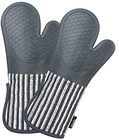 Alselo Silicone Oven Mitts Heat Resistant 932℉ with Waterproof & Non-Slip | Kitchen Mittens Set of 2,Extra Long 7.5x15 Oven Gloves with Soft Cotton Terry Lining for Baking Cooking BBQ(Grey,2)