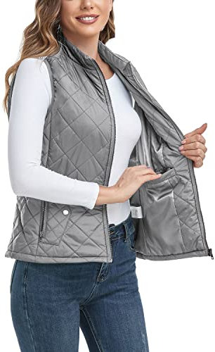 LONGKING 2024 Upgraded, Women's Outwear Vest With One Inner Pocket - Stand Collar Lightweight Zip Quilted Vest for Women…, Grey, XXL