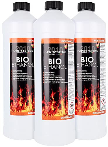 Bio Alkohol 100% 3 x 1 Liter - BIOETHANOL für Alkohol-Kamine, Tischfeuer, Ethanolkamine, Alkoholbrenner, Terrassenfeuer, Raumfeuer, Standfeuer oder Gartenfeuer