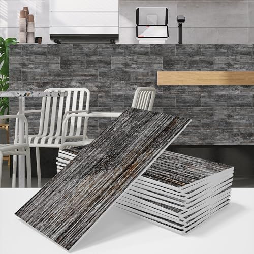 12 Stück Küchen Fliesenaufkleber, AMOYUN Holzmaserung Selbstklebende Fliesendekor 10x30cm Aufkleber Backstein PVC Wasserdichte Wandfliesen für Badezimmer und Treppen