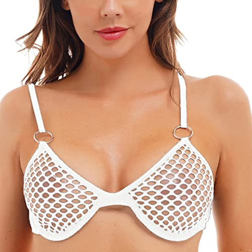 TiaoBug Sujetador Deportivo Mujer Crop Top Sexy de Rejilla Transparente Camiseta Corta de Tirantes Verano Mujer Lencería Erótica Bra S Blanco 3XL