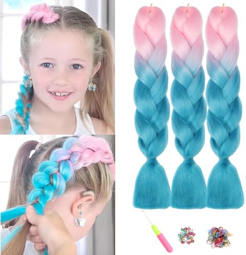 Meches Tresse Cheveux, Meches Pour Tresses Africaine, ShowJarlly 24Ombre Jumbo Braids Tresse 3Paquets Rainbow Colors Extension de Fibre Synthétique(rose/bleu foncé)
