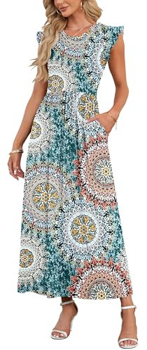 AUSELILY Womens Maxi Dress Ladies' Summer Casual Short Sleeve Long Dresses with Pocket for Daily, Holiday, Maternity Print Green, M