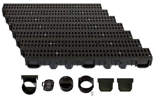 ScarMaxx - A15 Entwässerungsrinne Set - Bodenrinne - Regenwasser-Ablauf - Abfluss mit Gitter - Drainagekanal - Flach - Kunststoff - Bauhöhe 115 mm - mit Stegrost Classic Schwarz - 7m
