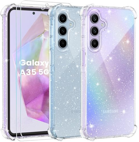 Yohii Coque pour Samsung Galaxy A35 5G Paillettes, 2 Pièces Protection Écran en Verre Trempé, Ultra Mince Transparent Glitter Housse, Anti Rayures Housse, Antichoc Silicone TPU Bumper