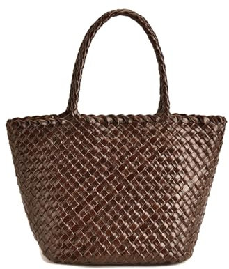 QZYGWCS Gewebte Tasche FüR Damen,Retro-Stil,Echtleder Tragetasche Elegante Tote Bag Handgefertigte Casual UmhäNgetasche,Gewebte Tragetasche FüR Damen,Weben Eimer Korbtasche (Dunkelbraun)