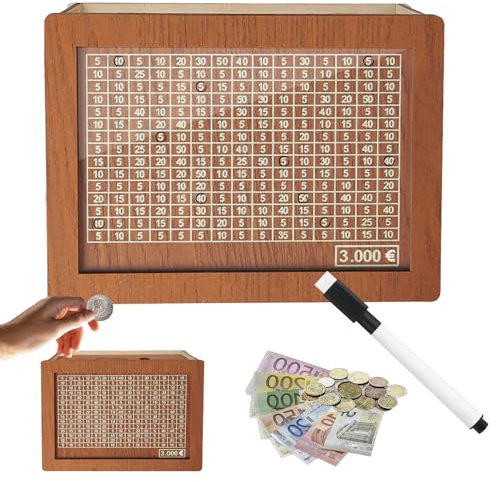 JWDMHSJ Spardose aus Holz, spardose mit zähler, sparbox mit Zahlen ankreuzen, sparschwein aus Holz mit zähler, Wiederverwendbare Spardose, für Erwachsene und Kinder mit Sparziel (3000€)