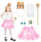 Fennoral 6 Stück Prinzessin Peach Kostüm Kinder Rosa Peach Tüllrock mit Krone Ohrringen Handschuhen Brosche Zauberstab Peach Cosplay Kinderkostüm für Princess Peach Showtime an Karneval Halloween