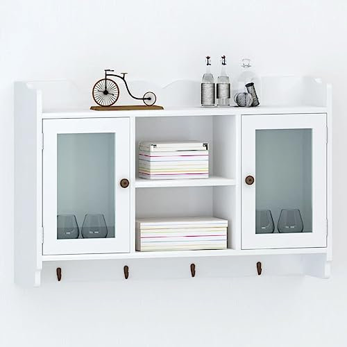 KATERYY Mobile Pensile in MDF Porta DVD/Libri/Bicchieri,Mensola Espositore Vetrina Sospesa con Ante in Vetro e Ganci per Decorazioni e Oggettistica Scaffali e mensole per pareti