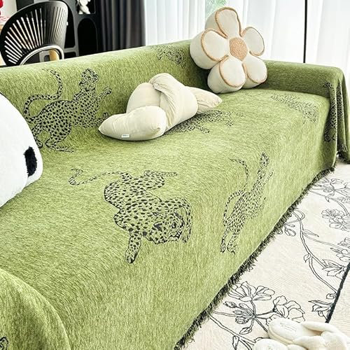 Sofa Überwurf Grüner Leopard Decken für Sofa Polyester Kuscheldecke Mehrzweck Decke für Sofa Sofadecken Langlebig Sofa Überzug Waschbar Couchschoner Mit Quasten Plaid Decke für Sofa 130x180cm