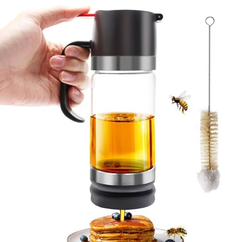 COITEK 12 OZ Glass Honey Dispenser,Honey Pot with Handle,Honey Dispenser No Drip with Cleaning Brush,Syrup Dispenser for Coffee or Tea,Black