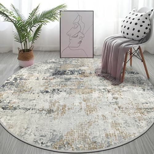 Capslpad Graugold Abstrakt Teppich Rund 135cm Moderner rutschfest Teppich Wohnzimmer Runder Hochflor Waschbar Rund Kurzflor Weich Runder Beige for Wohnzimmer Schlafzimmer Studie