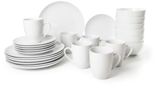 24PC Dinnerware Porcelain White Set: 6 Dinner Plates, 6 Side Plates, 6 Bowls & 6 Mugs. Dishwasher & Microwave Safe.
