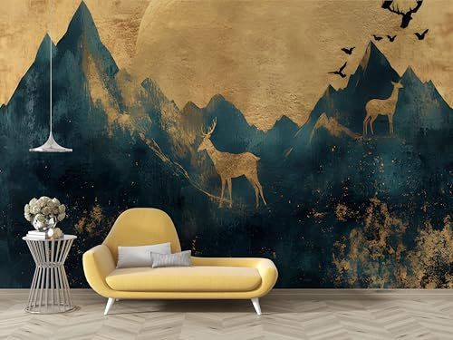 Tapete Berg Fototapete Hirsch Wilde Tiere Muster 3D Tapeten Selbstklebend Stofftapete Wandtapete für Wohnzimmer Schlafzimmer Kinderzimmer - 300x210cm (Breite x Höhe) - B15