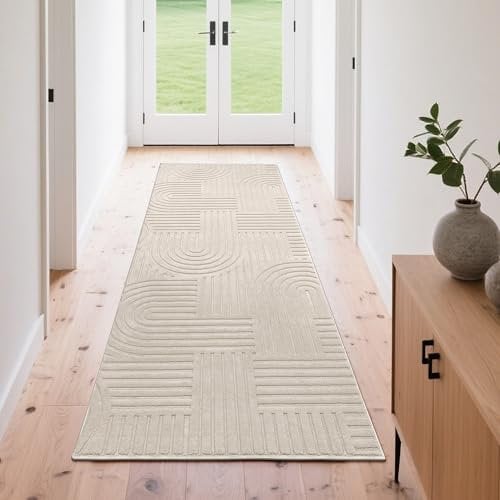 Enyhom Läufer Flur, Beige Küchenläufer rutschfest 80x240cm Waschbarer Teppichläufer Modern Flurteppich für Eingang Schlafzimmer Wohnzimmer