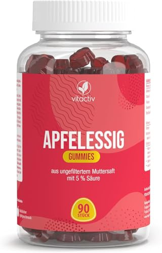 Vitactiv Apfelessig Gummies Hochdosiert (1000mg) – 90 vegane Apfelessig Gummibärchen mit Essigmutter, B12 & Folsäure – Ohne Zuckerzusatz – Mit B12 & Folsäure für den Energiestoffwechsel | Hochdosiert, Zuckerfrei. Vitamin B12: normaler Energiestoffwechsel. Folsäure: normale Immunfunktion