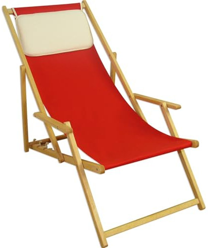 Erst-Holz Gartenliege rot Liegestuhl Sonnenliege Kissen Deckchair Buche Natur Strandstuhl 10-308 N KH