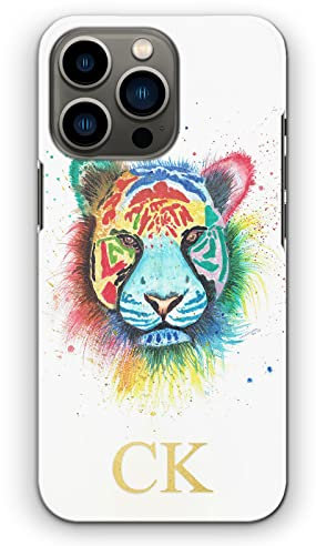 Personalised Initials Phone Case For Apple iPhones, 16, 15, 14,13, 12, 11, Pro Max, Mini, XR, SE Watercolour Art Print, Multicolour Tiger with Custom Yellow Monogram on Hard Phone Cover