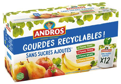 ANDROS Compote de Fruit, Gourde Recyclable, Sans Sucre Ajouté, Goût Pomme + Pomme/Poire + Pomme/Fraise + Pomme/Banane, Idéal pour le Goûter des Enfants, Pack de 12