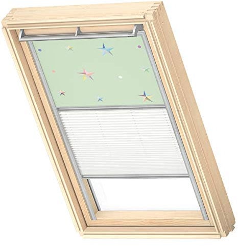 VELUX Original Dachfenster Duo Verdunkelungsrollo für PK06, Grüne Sterne, mit Grauer Führungsschiene