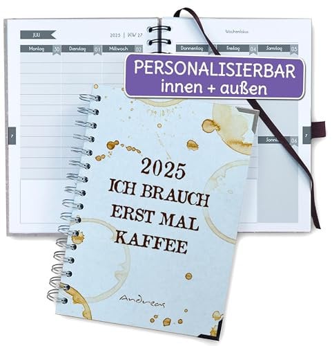 FEENSTAUB Taschenkalender 2026, mit Namen & Wunschtext personalisierter Taschenkalender, Kalendarium & Innenblätter wählbar, A5 Organizer, Kalender A5, Terminbuch 2026, Design Kaffee