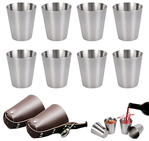 doepeBAE Verre Shooter Inox avec Étuis en Cuir, Verre à Shooter Inox Set pour Cocktail Whisky Vodka Gin, Tasse Metal pour la Fête, Barbecue Extérieur, Camping, etc (70ml Ensemble de 8)