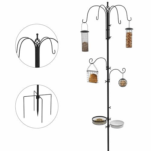 Outsunny PawHut Station d'alimentation mangeoir à Oiseaux sur Pied 6 Crochets 4 mangeoires suspendues pour cacahuètes graines Boules de Graisse Noir