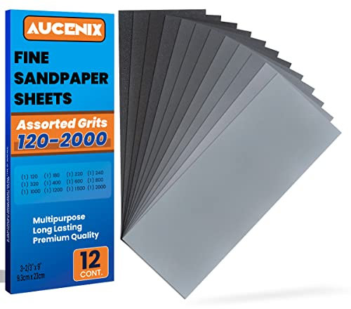 Aucenix Papel de lija de 120 a 2000 granos mixtos surtidos de papel de lija para madera, hojas de papel abrasivo impermeables finas y gruesas, para paredes, plástico metálico