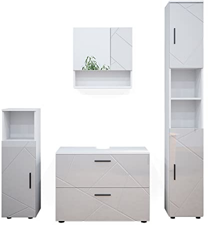 Vicco Badmöbel-Set Irma, Weiß Hochglanz, 80 cm | besteht aus Waschbeckenunterschrank, Spiegelschrank, Hochschrank und Midischrank