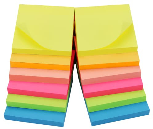 OWLKELA 1200pcs Sticky Notes, 75x75mm, Coloured, 12 Pads | Self Adhesive Sticky Notes, Page Markers for Marking and Highlighting Pages, Office, School & Home