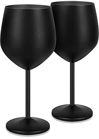 Lifecapido Edelstahl Weingläser 2er Set, 510 ml Edelstahl Stiel Weinkelche, Stiel Metall Weingläser mit Tassenbürste für Party Büro Jahrestag, ideal für Rot-Weißwein (schwarz)