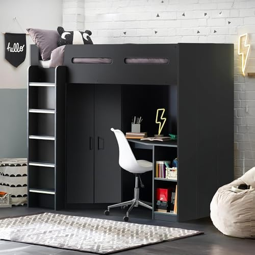 Julian Bowen Hercules High Sleeper Bed, Single, Dark Grey - H173xW96cm | Modern Kids Bed with Desk & Ladder, 90cm/3ft, Space-Saving Bed, Ideal for Smaller Spaces