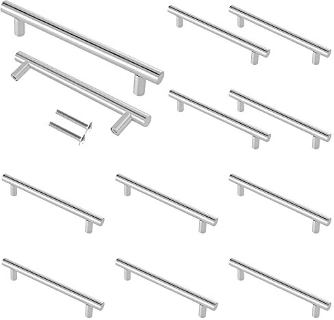 Cjueiom Brushed Nickel Cupboard Handles - 96mm Hole Center T Bar Knobs, 12 Pack Stainless Steel Drawer Pulls - Long Wardrobe & Kitchen Cabinet Handles, 150mm Length for Bedroom & Drawer